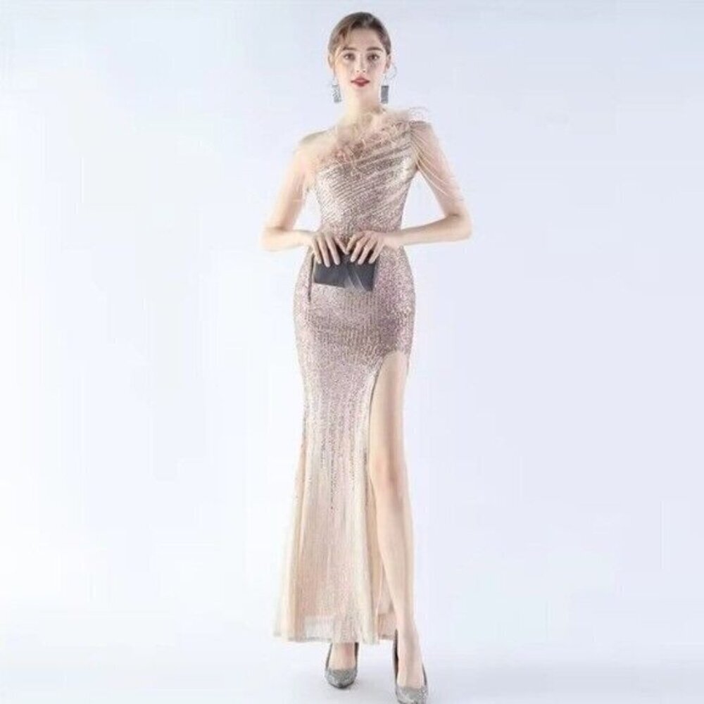 Gold, One Shoulder Beaded,Feather Neckline, Gradient Print,  Sequined Gown